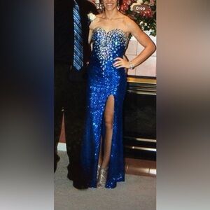 Royal blue sequin beaded strapless gown